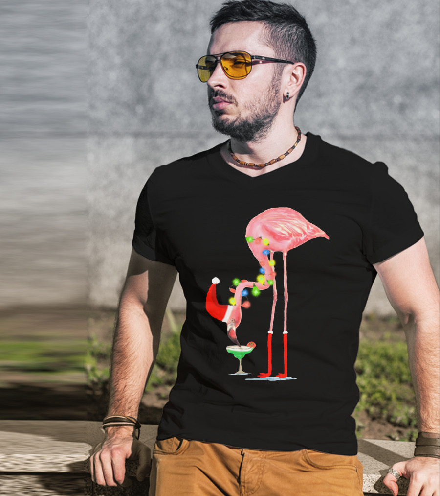 Flamingo Christmas Cocktail Santa Hat And Lights T-Shirt