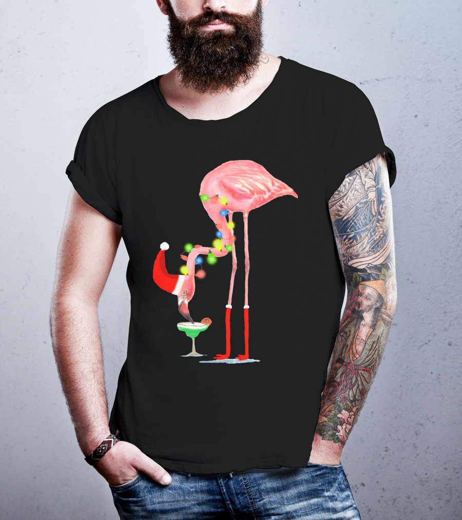 Flamingo Christmas Cocktail Santa Hat And Lights T-Shirt