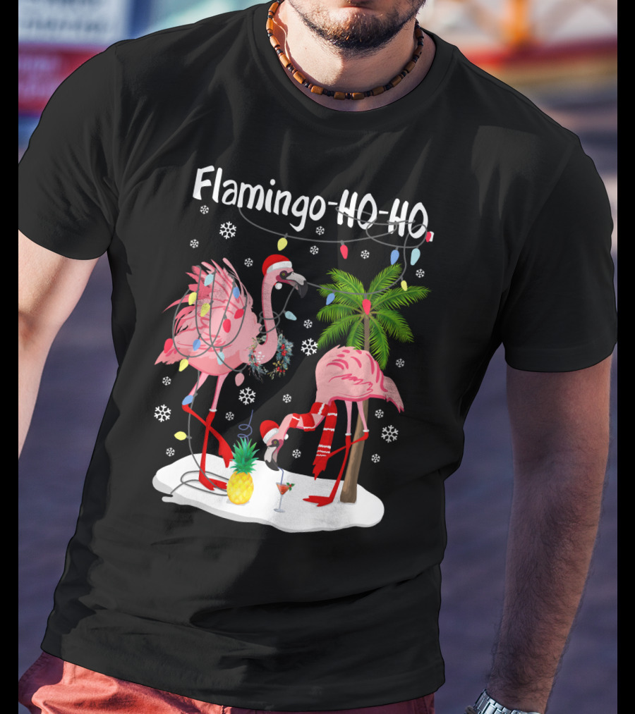 Flamingo HO-HO Christmas Lights And Snowflakes Holiday Scene T-Shirt