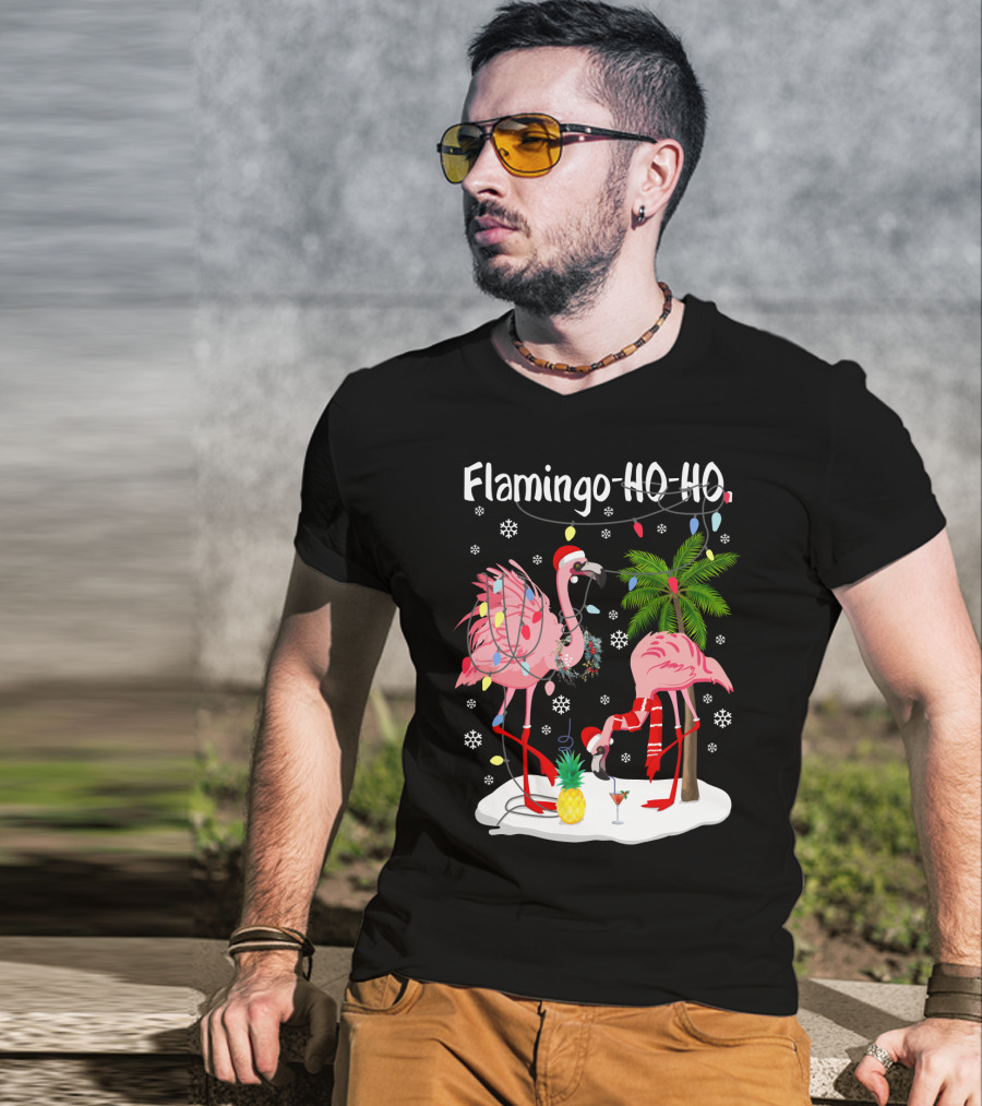 Flamingo HO-HO Christmas Lights And Snowflakes Holiday Scene T-Shirt