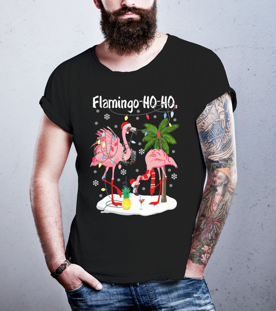 Flamingo HO-HO Christmas Lights And Snowflakes Holiday Scene T-Shirt