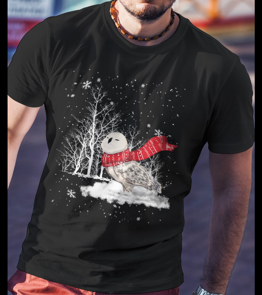 Snowy Owl Red Scarf Winter Scene T-Shirt