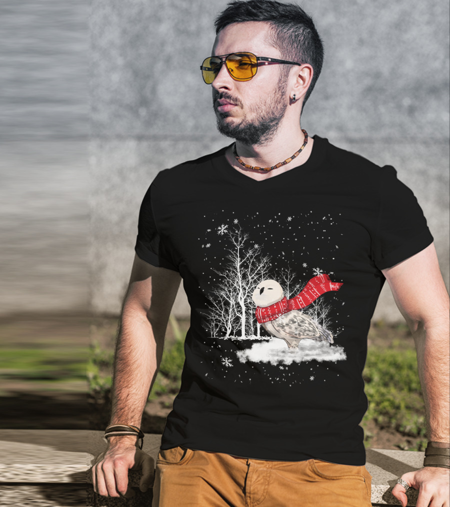 Snowy Owl Red Scarf Winter Scene T-Shirt