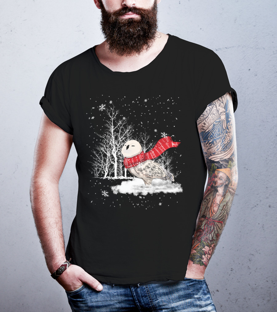 Snowy Owl Red Scarf Winter Scene T-Shirt