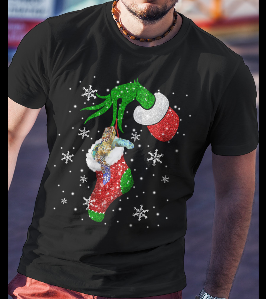 Grinch Christmas Turtle In Glittery Stocking With Snowflakes T-Shirt
