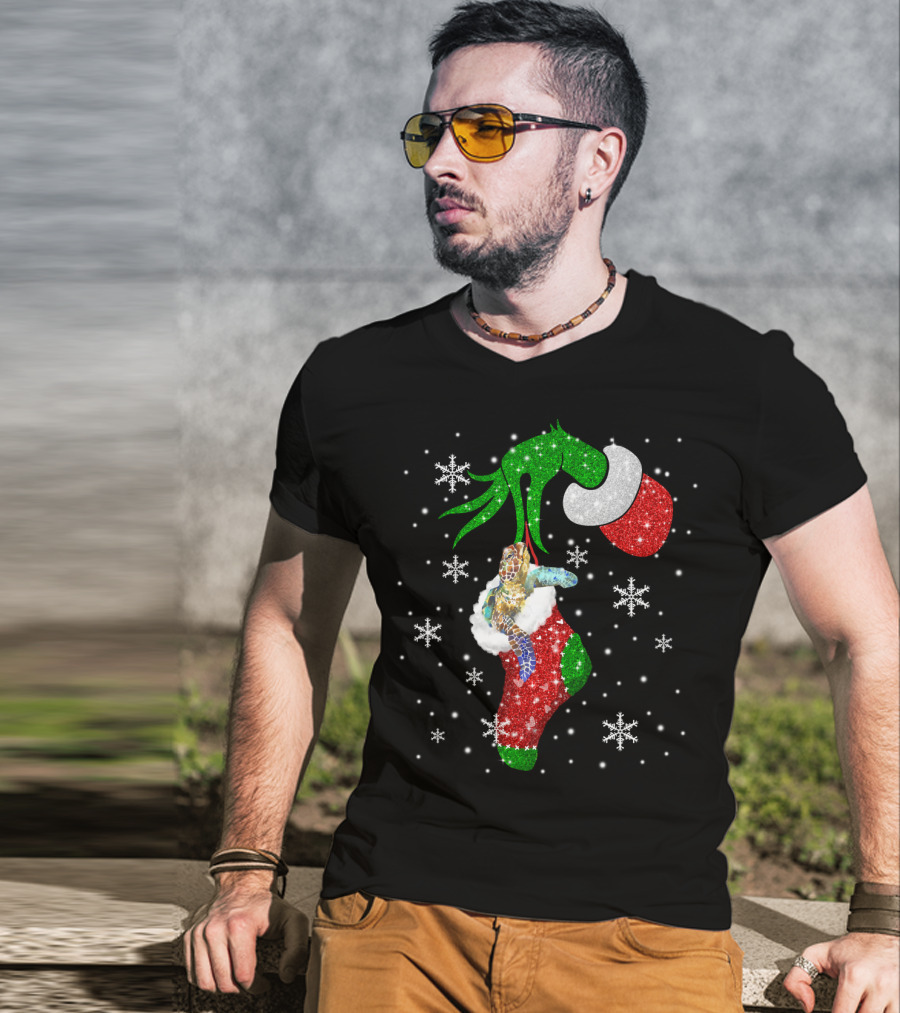 Grinch Christmas Turtle In Glittery Stocking With Snowflakes T-Shirt