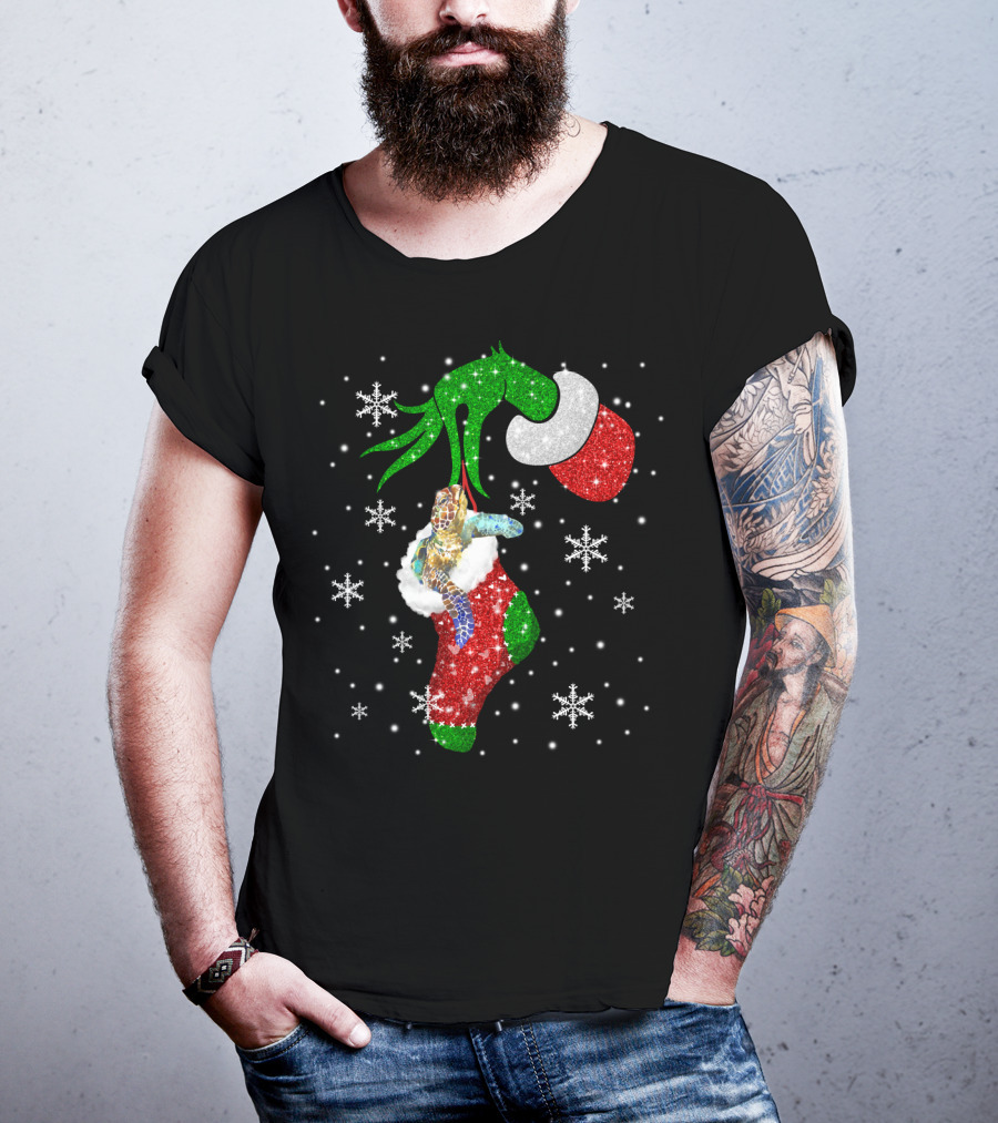 Grinch Christmas Turtle In Glittery Stocking With Snowflakes T-Shirt