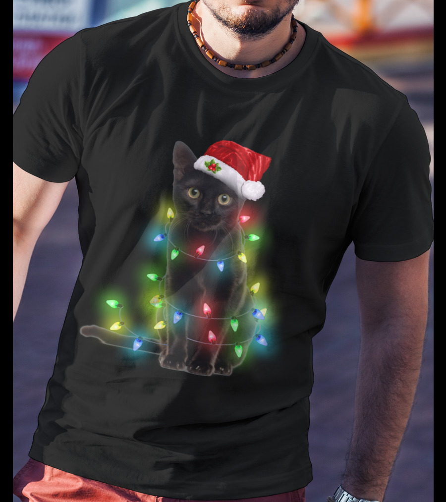 Cat Wrapped In Christmas Lights With Santa Hat T-Shirt
