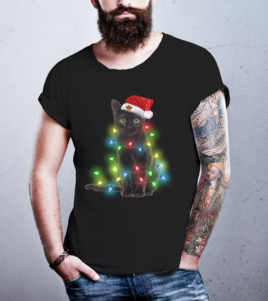 Cat Wrapped In Christmas Lights With Santa Hat T-Shirt