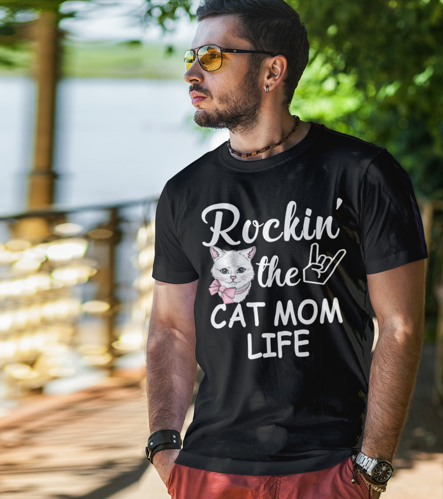 Rockin' The Cat Mom Life With Rock Hand And Pink Bow Cat T-Shirt