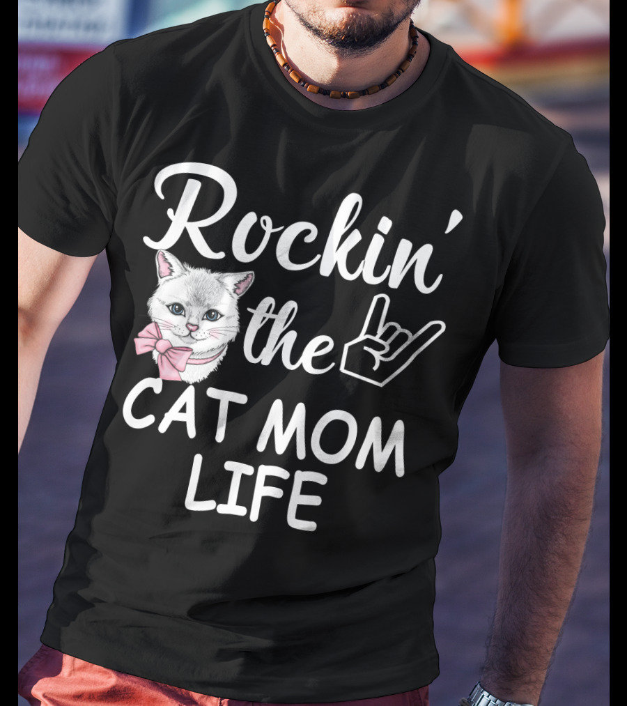 Rockin' The Cat Mom Life With Rock Hand And Pink Bow Cat T-Shirt