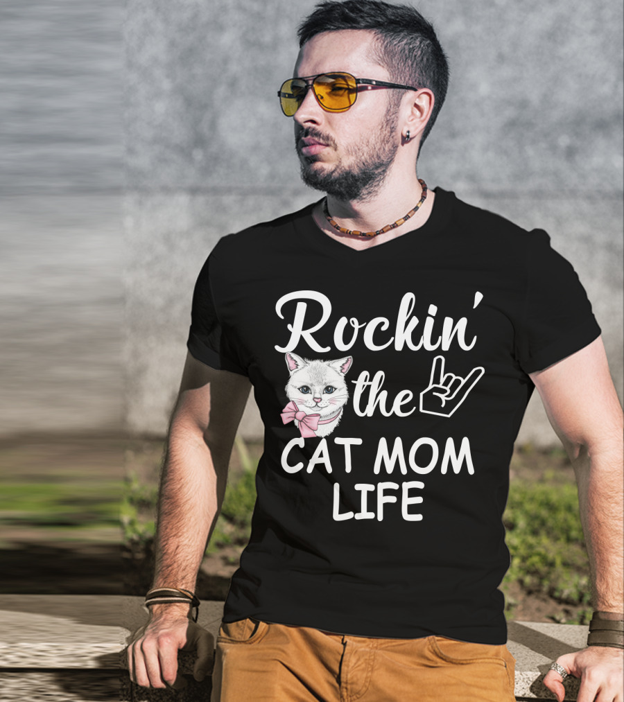 Rockin' The Cat Mom Life With Rock Hand And Pink Bow Cat T-Shirt