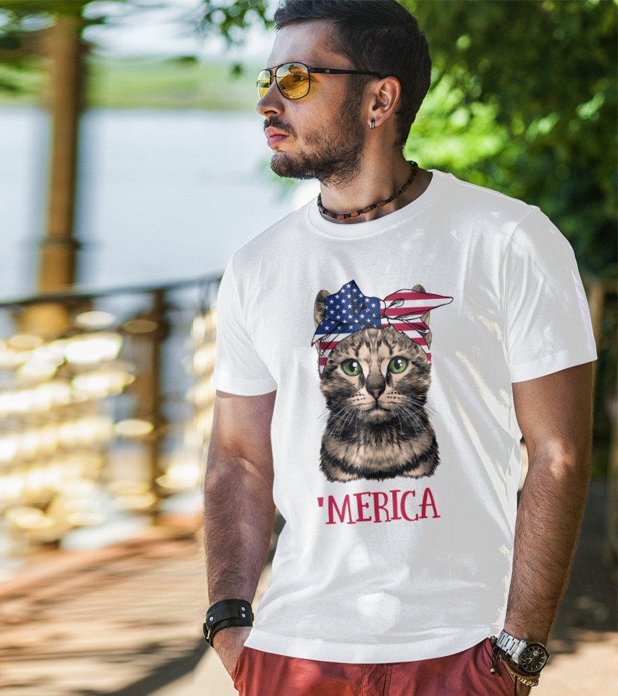 Cat With American Flag Bandana 'Merica T-Shirt