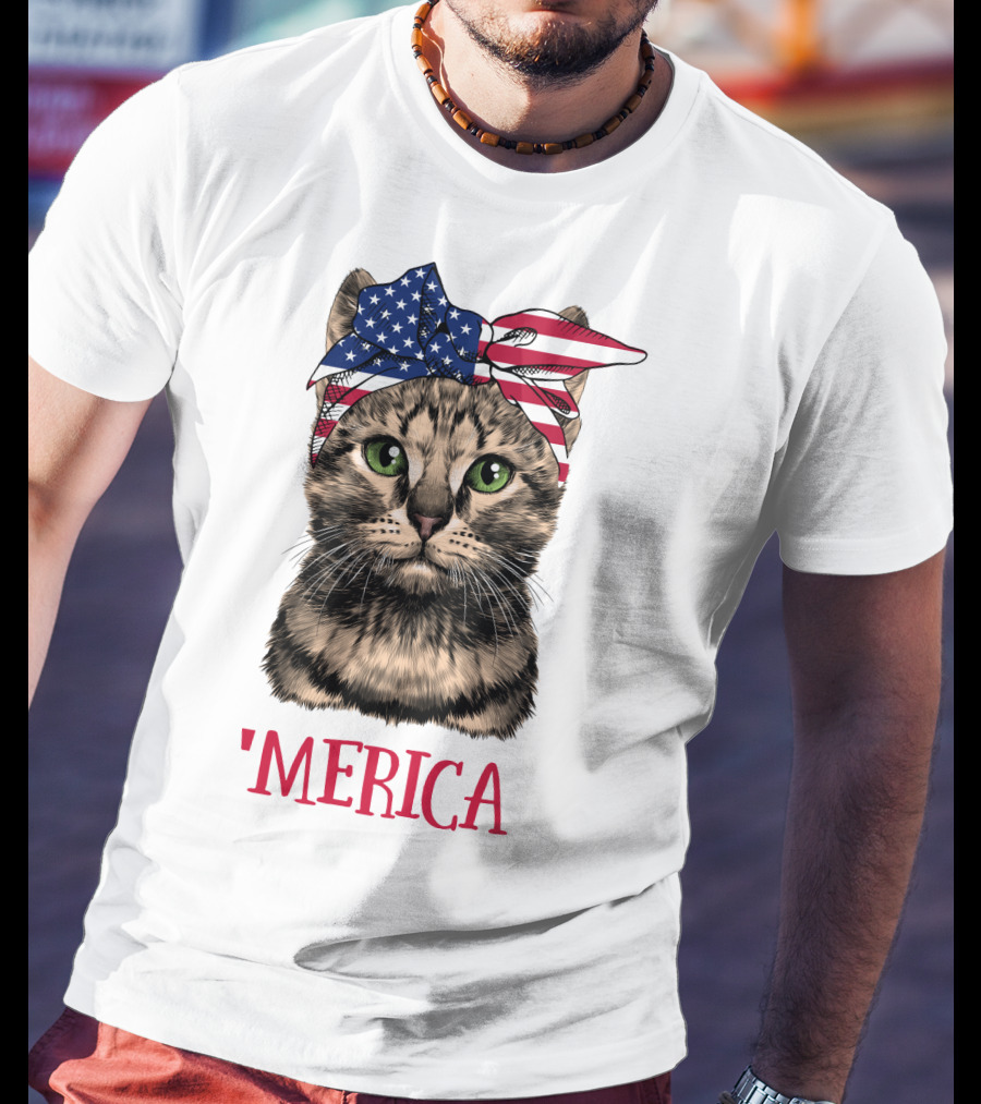 Cat With American Flag Bandana 'Merica T-Shirt