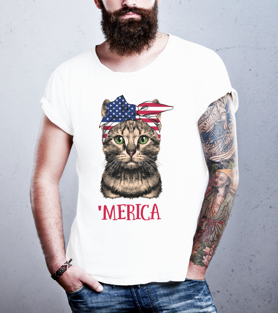 Cat With American Flag Bandana 'Merica T-Shirt