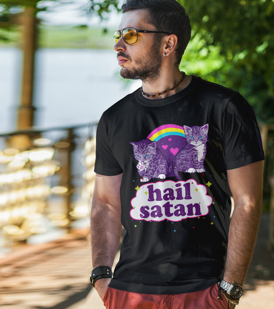 Hail Satan Cats With Rainbow And Hearts T-Shirt