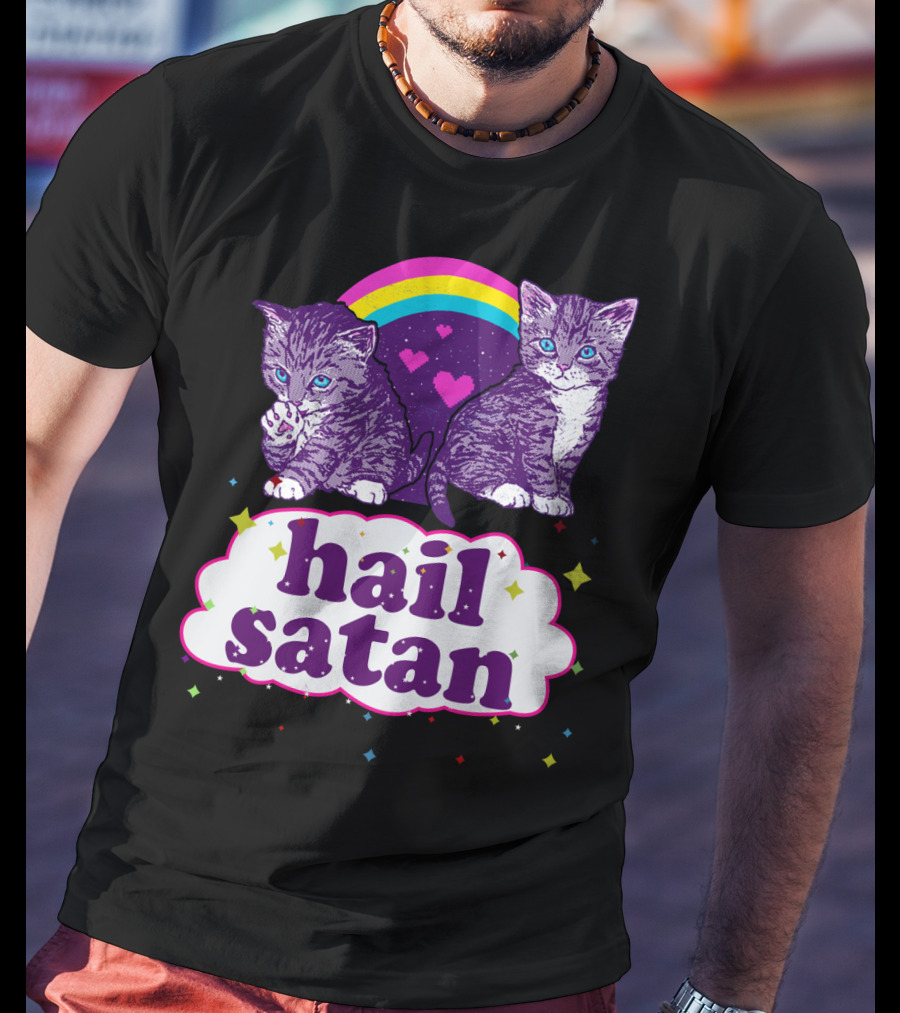 Hail Satan Cats With Rainbow And Hearts T-Shirt