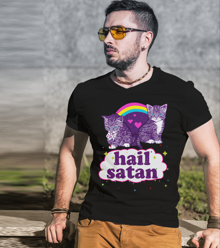 Hail Satan Cats With Rainbow And Hearts T-Shirt