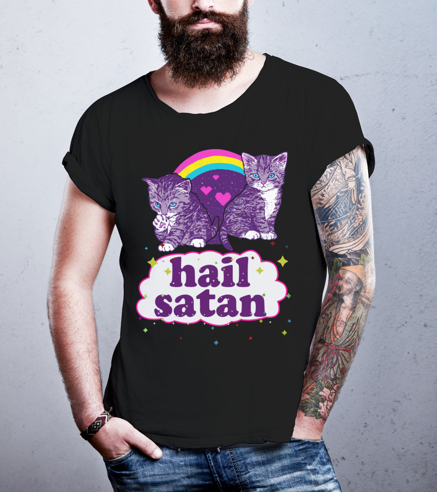Hail Satan Cats With Rainbow And Hearts T-Shirt