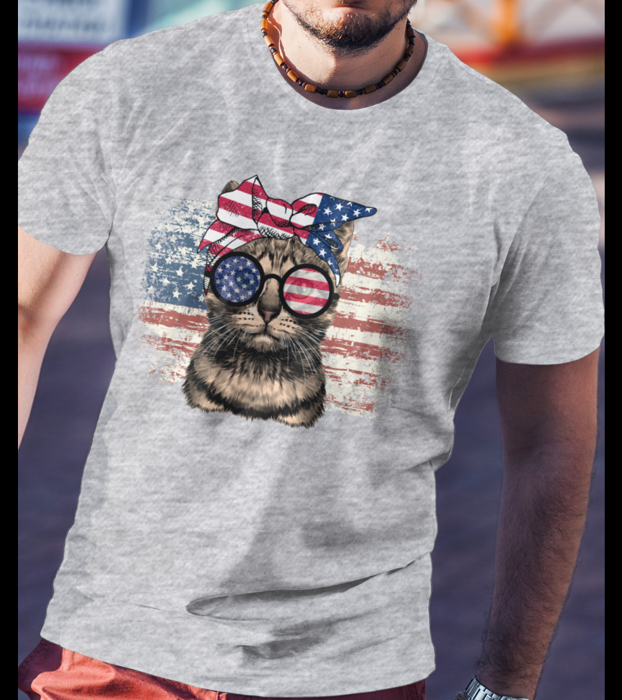 Cat American Flag Glasses Bandana T-Shirt