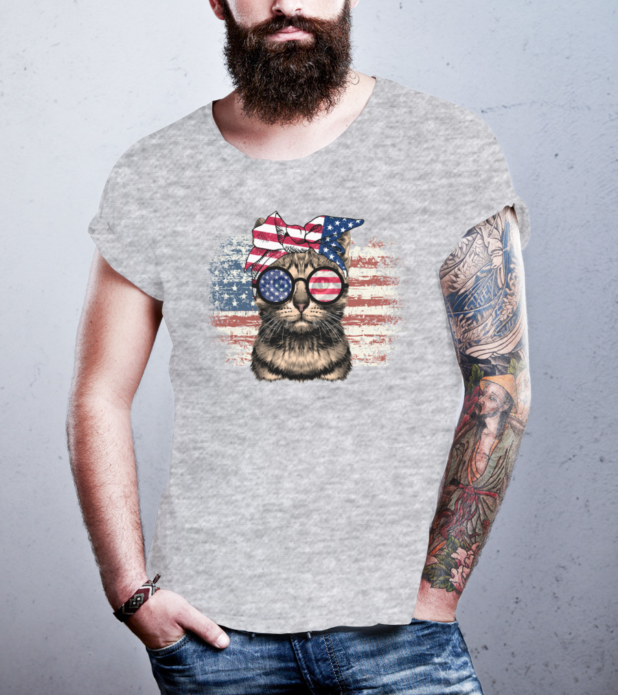 Cat American Flag Glasses Bandana T-Shirt