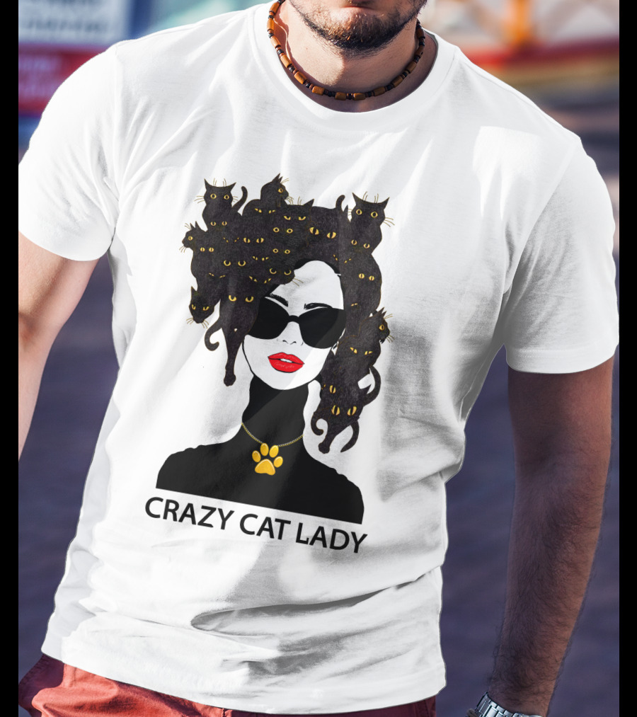 CRAZY CAT LADY Cat Afro Sunglasses Red Lips Golden Paw Necklace T-Shirt