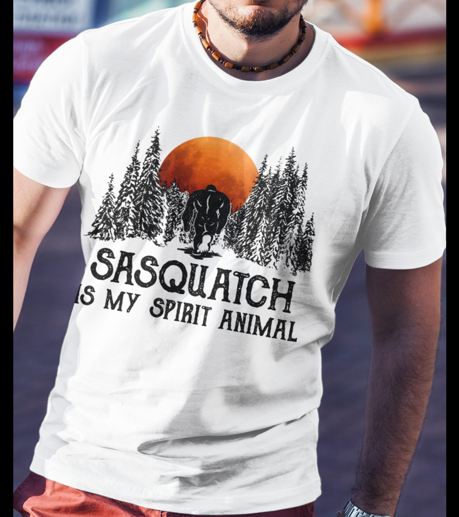 Sasquatch Is My Spirit Animal Forest Silhouette With Orange Moon T-Shirt