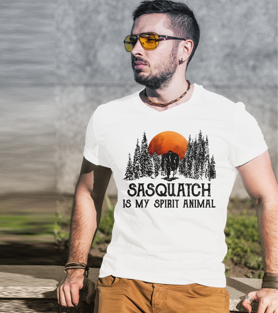 Sasquatch Is My Spirit Animal Forest Silhouette With Orange Moon T-Shirt