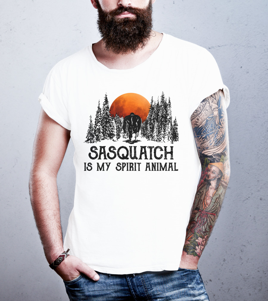 Sasquatch Is My Spirit Animal Forest Silhouette With Orange Moon T-Shirt