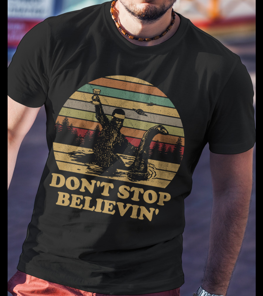Don't Stop Believin' Bigfoot Loch Ness Vintage Sunset Retro T-Shirt