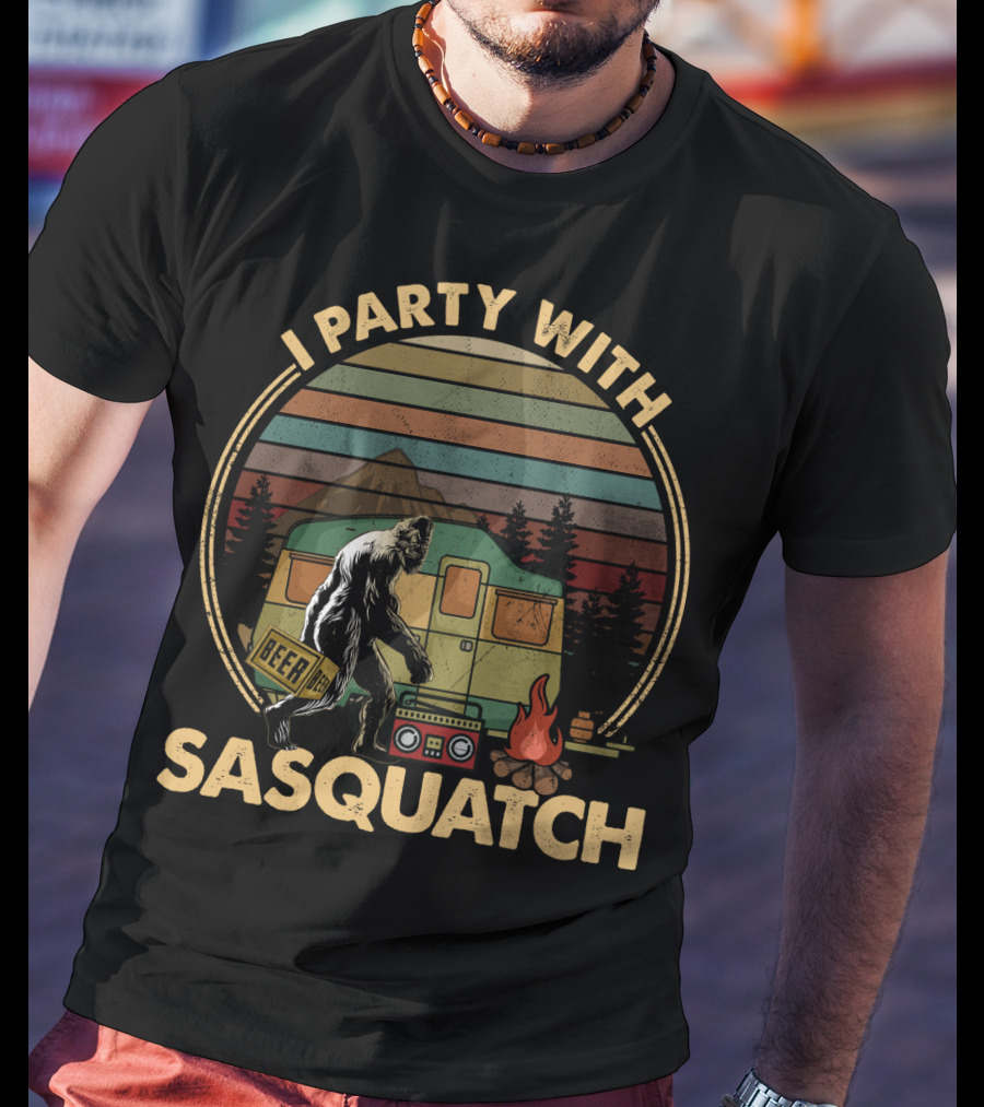 I Party With Sasquatch Beer Campfire Retro Camper Boombox T-Shirt