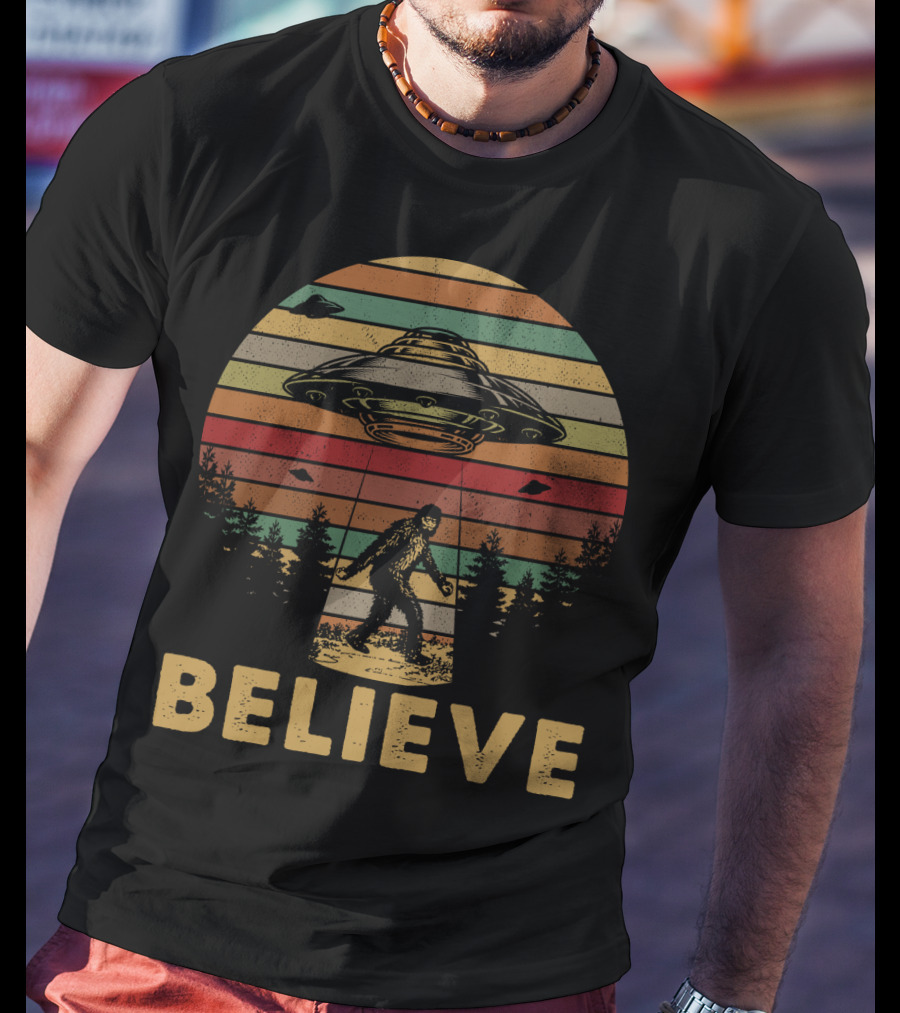 Believe Bigfoot UFO Vintage Stripes Forest Retro T-Shirt