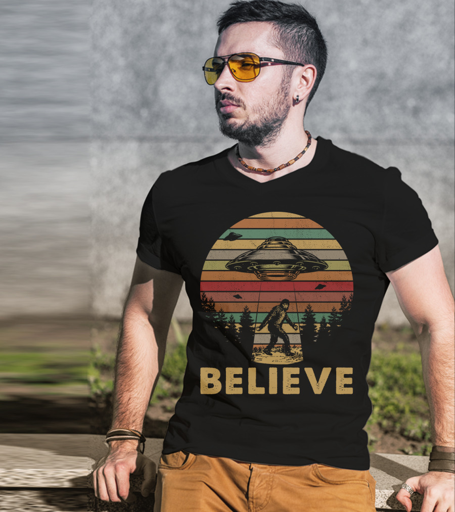 Believe Bigfoot UFO Vintage Stripes Forest Retro T-Shirt