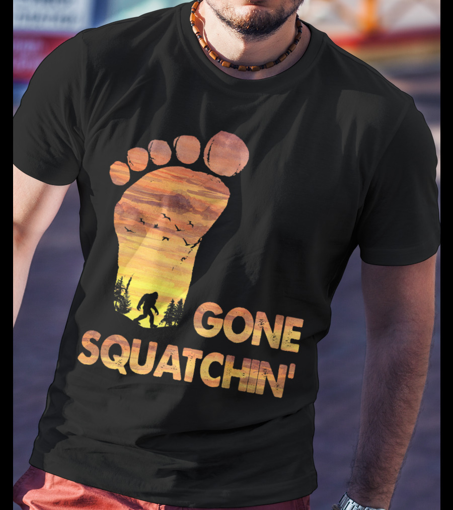 Bifoot Gone Squatchin Footprint Silhouette With Bigfoot And Mountain Sunset Scene T-Shirt