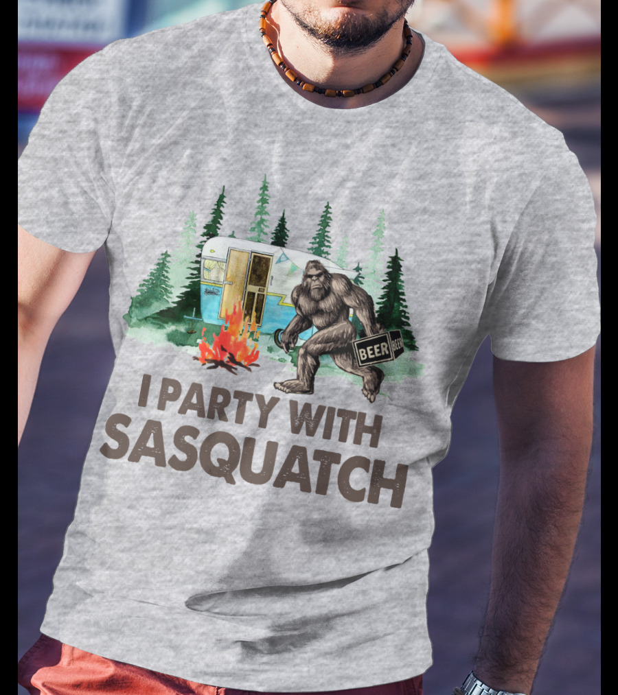 Beer I Party With Sasquatch Camper Fire Forest Scene T-Shirt