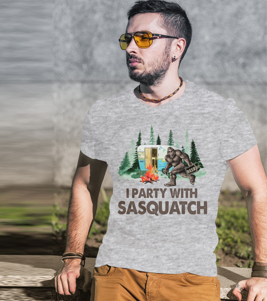 Beer I Party With Sasquatch Camper Fire Forest Scene T-Shirt