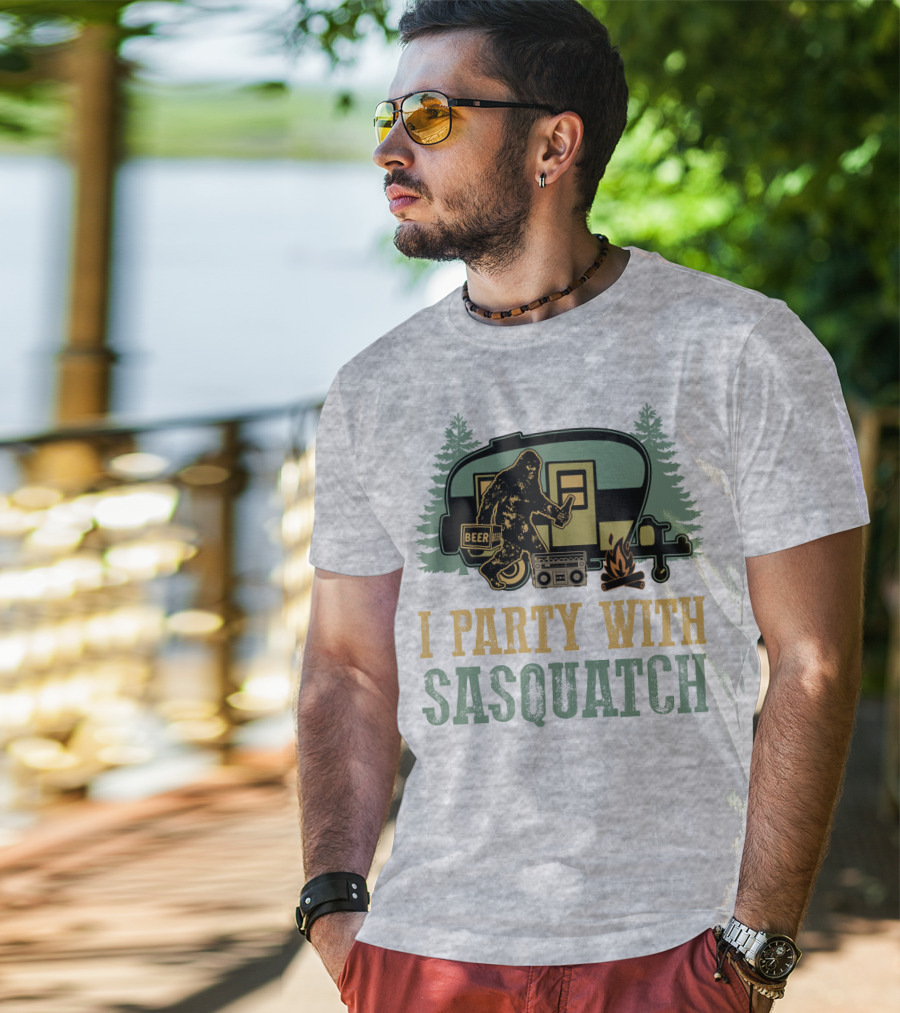 I Party With Sasquatch Beer Campfire Boombox Trailer Adventure T-Shirt