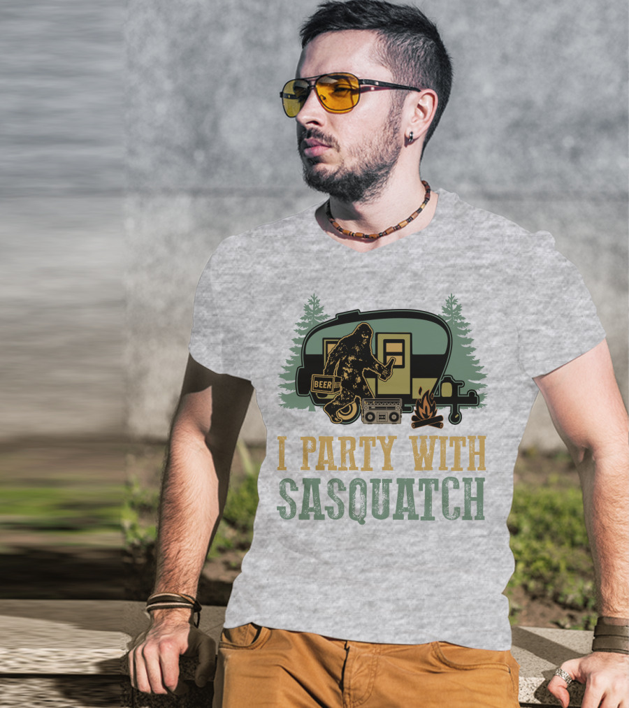 I Party With Sasquatch Beer Campfire Boombox Trailer Adventure T-Shirt