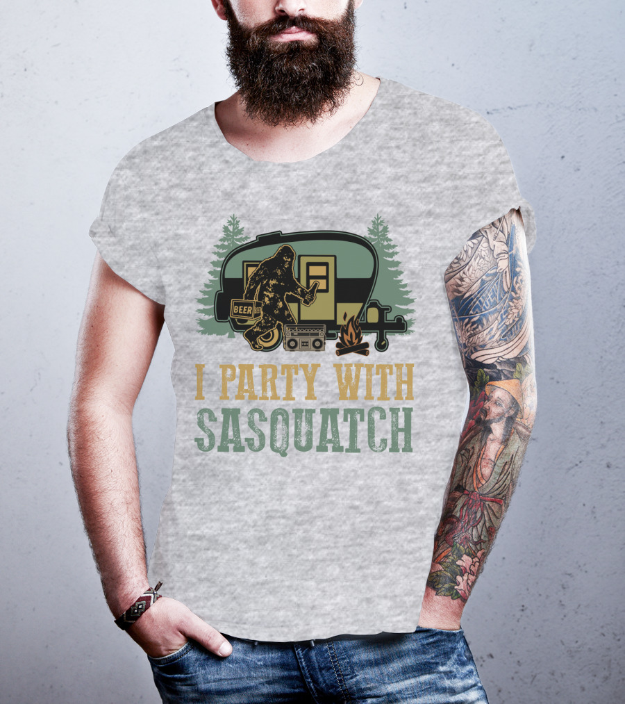 I Party With Sasquatch Beer Campfire Boombox Trailer Adventure T-Shirt