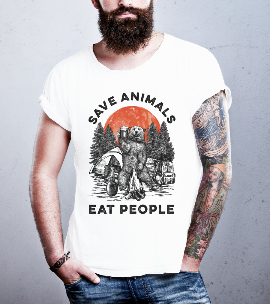 Save Animals Eat People Camping Bear Campfire Scene T-Shirt