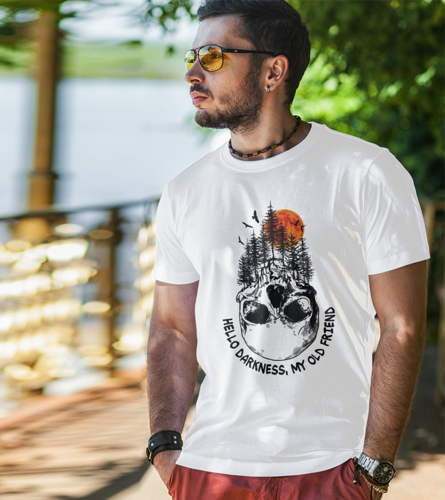 Hello Darkness My Old Friend Skull Forest Red Moon Birds Camping T-Shirt