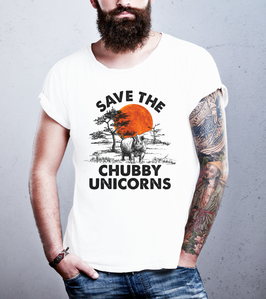 Save The Chubby Unicorns Rhino Conservation Sunset Scene T-Shirt