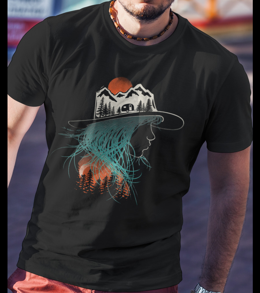 Camping Girl Mountain Hat Silhouette Forest Camper Scene T-Shirt