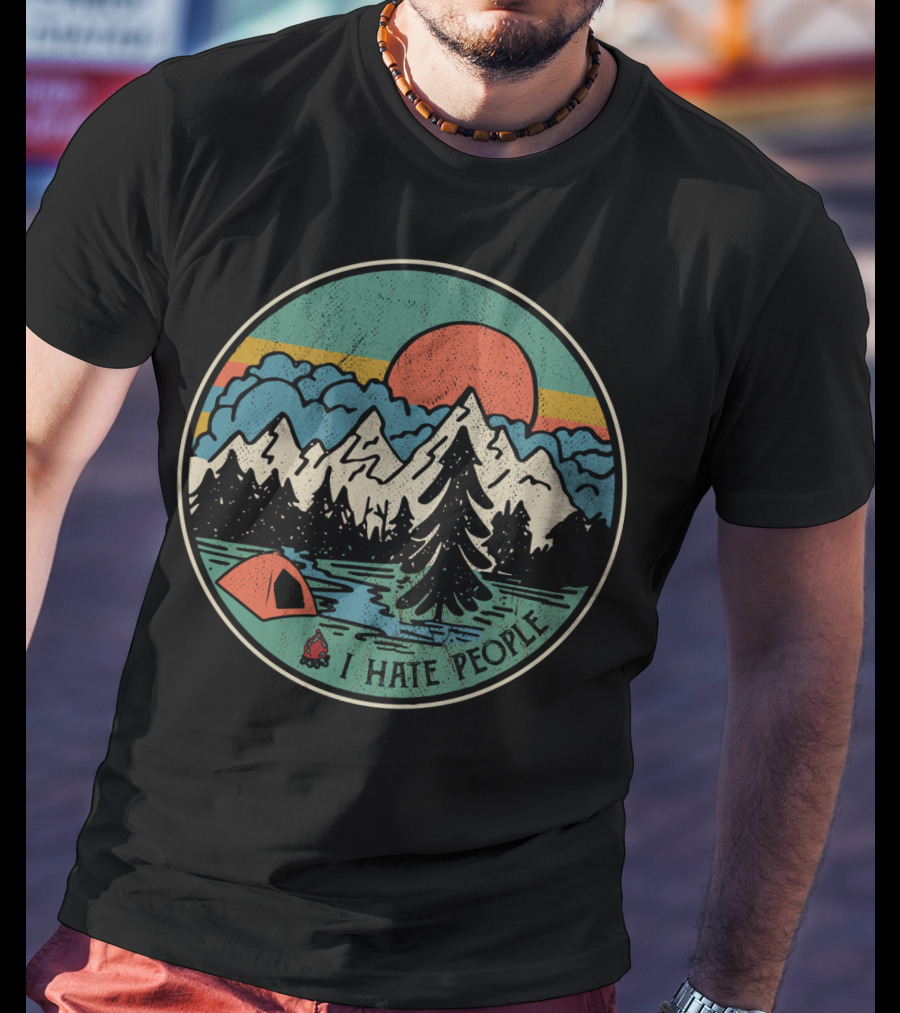 I Hate People Camping Mountains Retro Sunset Tent T-Shirt