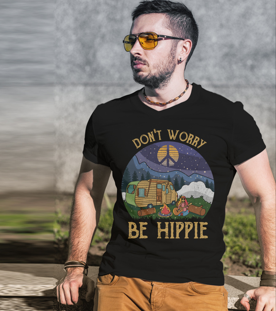 Don't Worry Be Hippie Camper Peace Sign Campfire Scene T-Shirt
