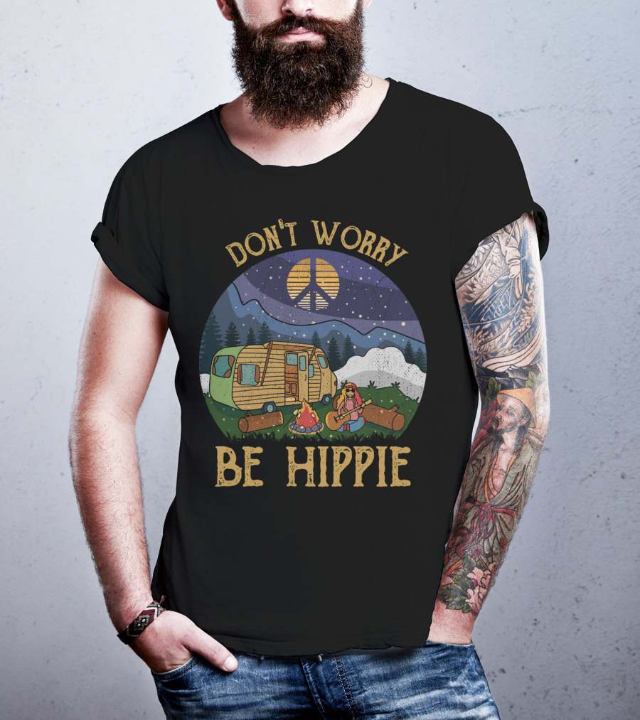 Don't Worry Be Hippie Camper Peace Sign Campfire Scene T-Shirt