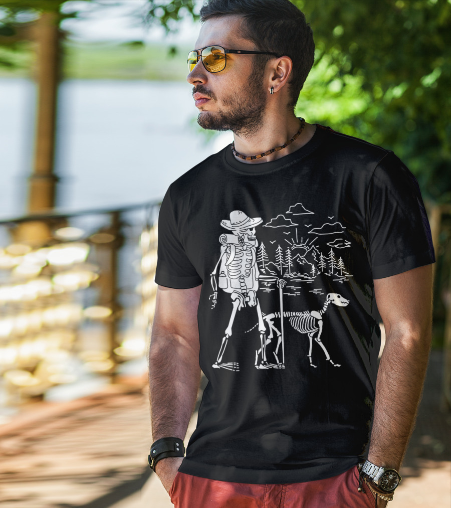 Hiking Skeleton With Skeleton Dog In Mountain Forest Scene T-Shirt