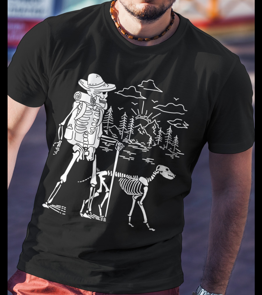 Hiking Skeleton With Skeleton Dog In Mountain Forest Scene T-Shirt