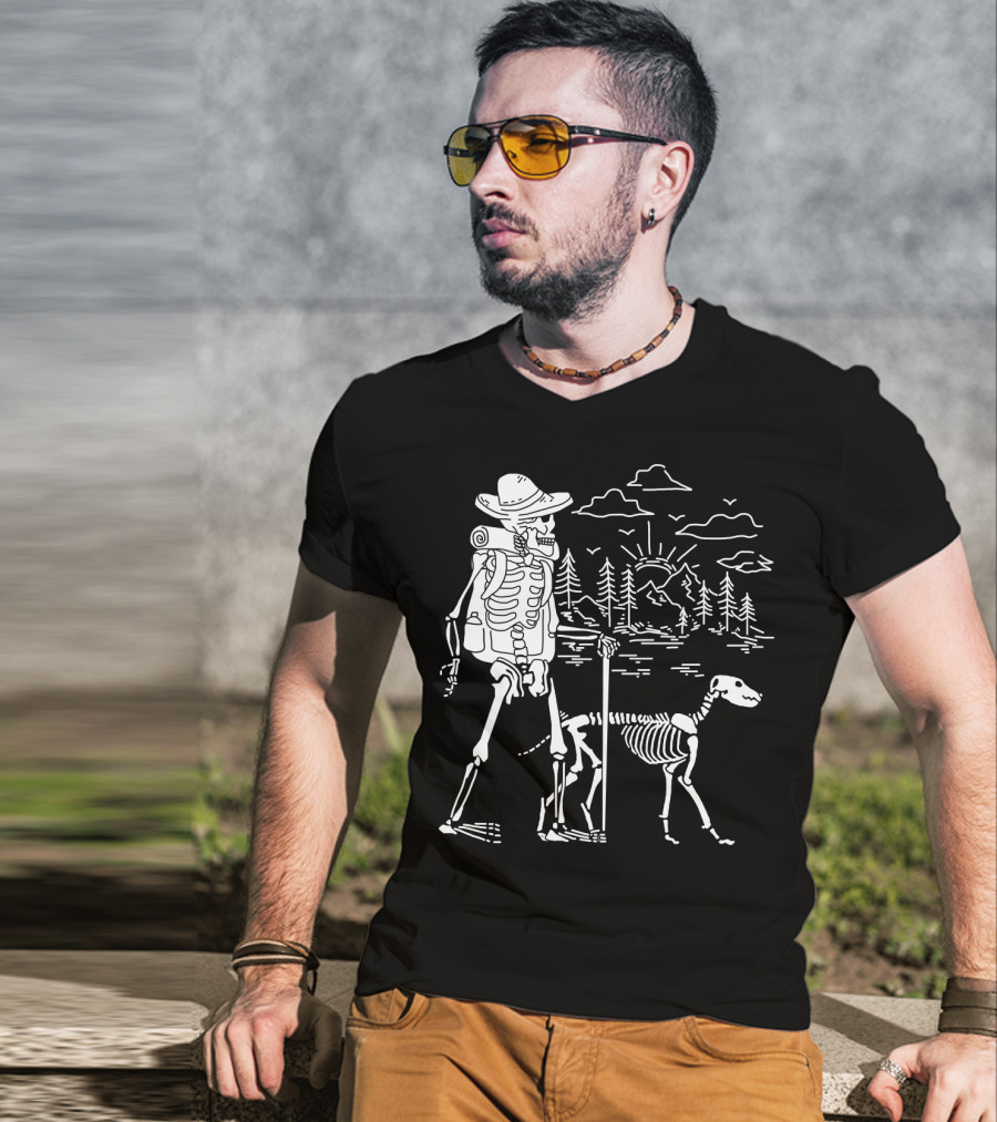 Hiking Skeleton With Skeleton Dog In Mountain Forest Scene T-Shirt