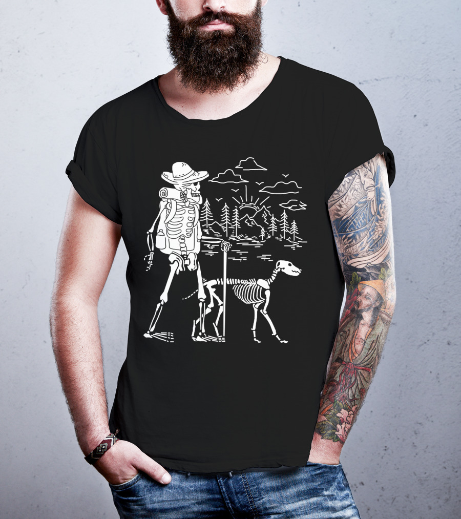 Hiking Skeleton With Skeleton Dog In Mountain Forest Scene T-Shirt